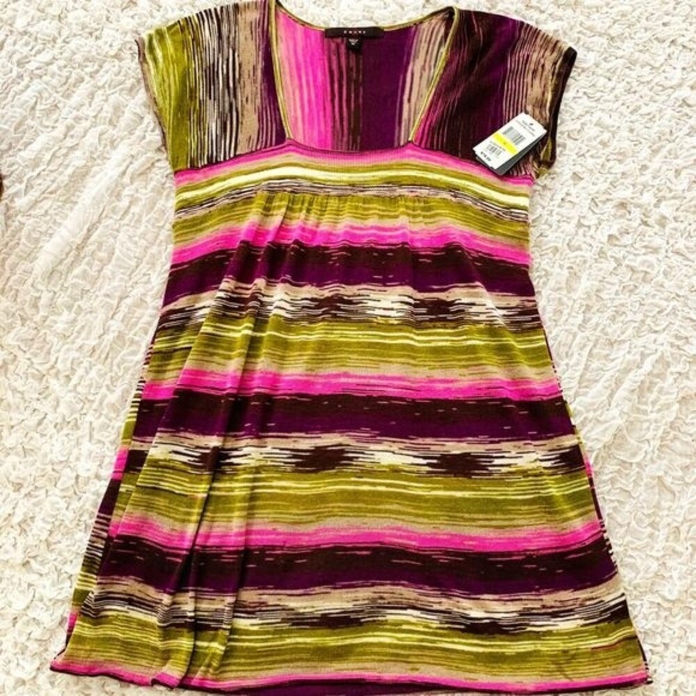 Fever purple yellow  top striped short sleeve square neckline knit top size M